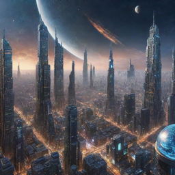 Picture a cityscape set in the year 30,000, demonstrating a technologically superior civilization inhabiting multiple galaxies, infinite space journeys, and humans harmoniously living with extraordinarily proficient AI