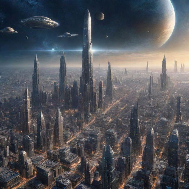 Picture a cityscape set in the year 30,000, demonstrating a technologically superior civilization inhabiting multiple galaxies, infinite space journeys, and humans harmoniously living with extraordinarily proficient AI