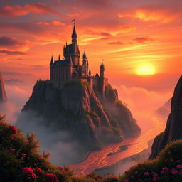 A majestic fantasy landscape featuring a colossal castle built on the edge of a cliff, surrounded by swirling mist and a vibrant sunset