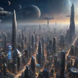 Picture a cityscape set in the year 30,000, demonstrating a technologically superior civilization inhabiting multiple galaxies, infinite space journeys, and humans harmoniously living with extraordinarily proficient AI