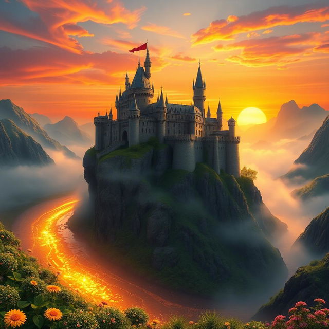 A majestic fantasy landscape featuring a colossal castle built on the edge of a cliff, surrounded by swirling mist and a vibrant sunset