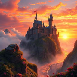 A majestic fantasy landscape featuring a colossal castle built on the edge of a cliff, surrounded by swirling mist and a vibrant sunset