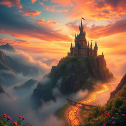 A majestic fantasy landscape featuring a colossal castle built on the edge of a cliff, surrounded by swirling mist and a vibrant sunset