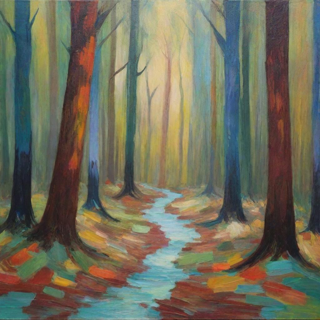 Create a deeply abstract representation of a forest, using non-figurative shapes, and a substantially wide range of colors and textures.