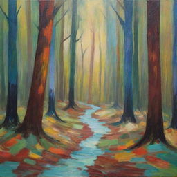 Create a deeply abstract representation of a forest, using non-figurative shapes, and a substantially wide range of colors and textures.