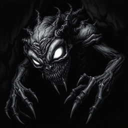 A rotting dark shadow creature with a decayed and grotesque appearance, lurking stealthily in the shadows