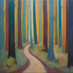 Create a deeply abstract representation of a forest, using non-figurative shapes, and a substantially wide range of colors and textures.