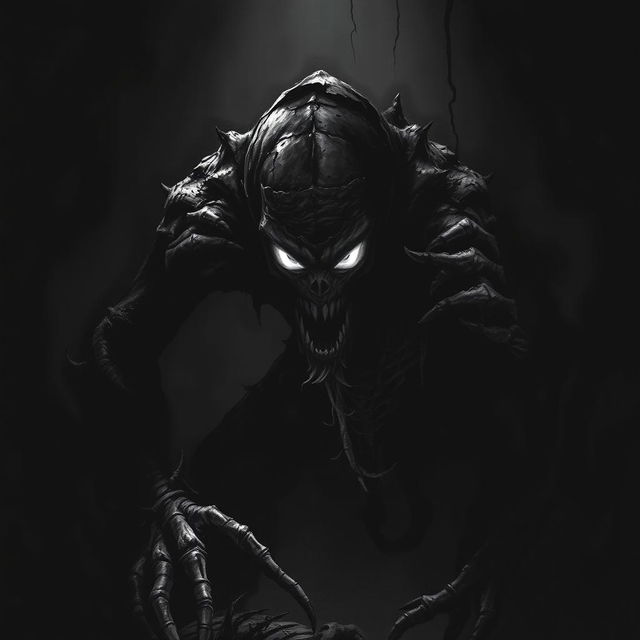 A rotting dark shadow creature with piercing white eyes lurking in the shadows, portrayed in a dramatic Dungeons & Dragons style