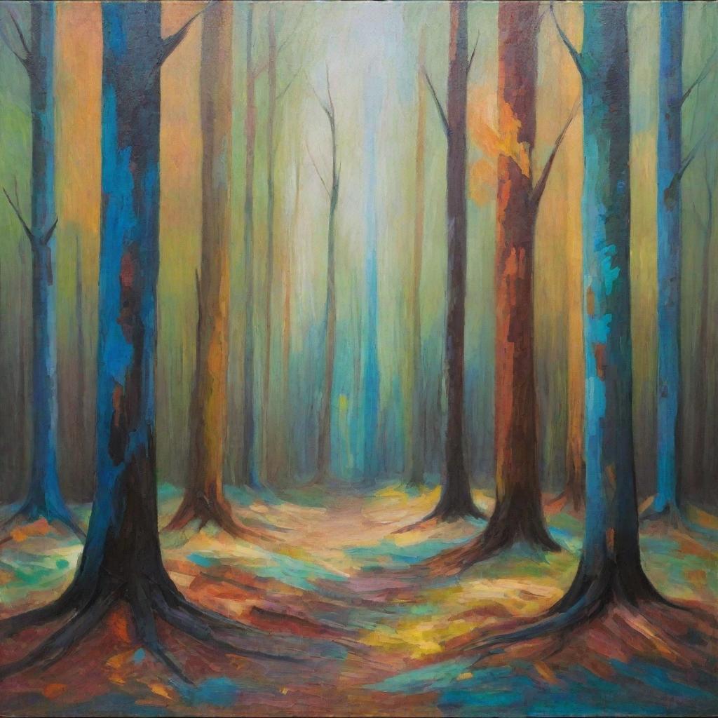 Create a deeply abstract representation of a forest, using non-figurative shapes, and a substantially wide range of colors and textures.