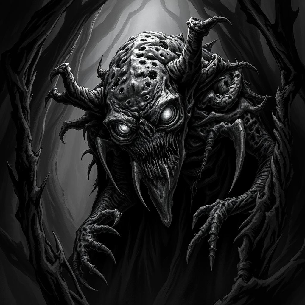 A menacing rotting dark shadow creature lurking in the shadows, designed in a detailed Dungeons & Dragons fantasy style