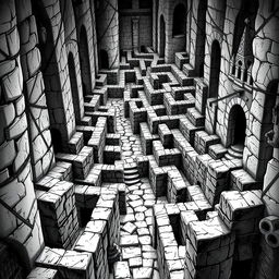 A never ending labyrinth depicted in a black and white illustration, showcasing intricate pathways, high stone walls, and various fantastical elements typical of Dungeons & Dragons settings