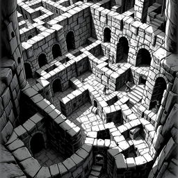 A never ending labyrinth depicted in a black and white illustration, showcasing intricate pathways, high stone walls, and various fantastical elements typical of Dungeons & Dragons settings