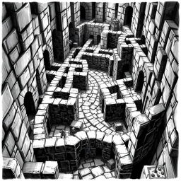 A never ending labyrinth depicted in a black and white illustration, showcasing intricate pathways, high stone walls, and various fantastical elements typical of Dungeons & Dragons settings