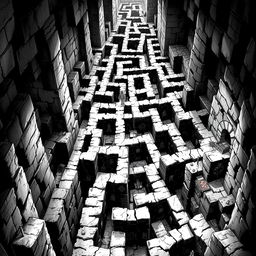 A never ending labyrinth depicted in a black and white illustration, showcasing intricate pathways, high stone walls, and various fantastical elements typical of Dungeons & Dragons settings