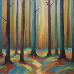 Create a deeply abstract representation of a forest, using non-figurative shapes, and a substantially wide range of colors and textures.