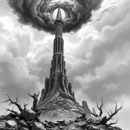 A never ending slade spire towering majestically over the landscape, rendered in a striking black and white color palette