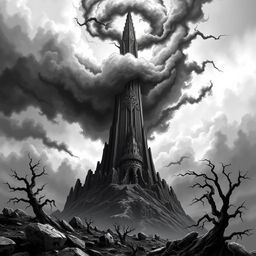 A never ending slade spire towering majestically over the landscape, rendered in a striking black and white color palette