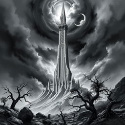 A never ending slade spire towering majestically over the landscape, rendered in a striking black and white color palette