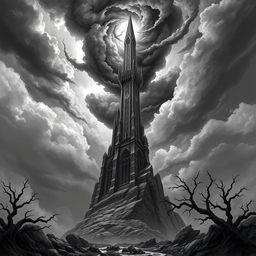 A never ending slade spire towering majestically over the landscape, rendered in a striking black and white color palette