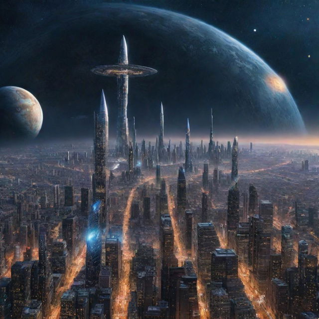 Visualize a society in the distant future of the year 100,000, showcasing a civilization of unrivaled technological prowess across myriad galaxies, boundless cosmic traverses, and humanity coexisting with incomparably advanced AI