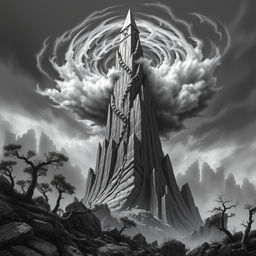 A never ending jagged and rough slade spire towering dramatically over the landscape, rendered in a captivating black and white color scheme