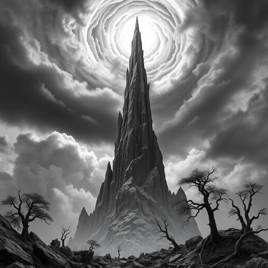 A never ending jagged and rough slade spire towering dramatically over the landscape, rendered in a captivating black and white color scheme