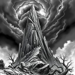 A never ending jagged and rough slade spire towering dramatically over the landscape, rendered in a captivating black and white color scheme