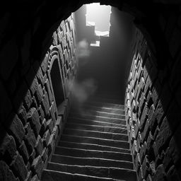 A haunting dungeon staircase descending into darkness, designed in a classic Dungeons & Dragons style