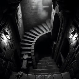 A haunting dungeon staircase descending into darkness, designed in a classic Dungeons & Dragons style