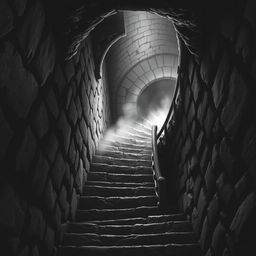 A haunting dungeon staircase descending into darkness, designed in a classic Dungeons & Dragons style