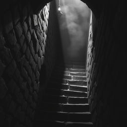 A haunting dungeon staircase descending into darkness, designed in a classic Dungeons & Dragons style