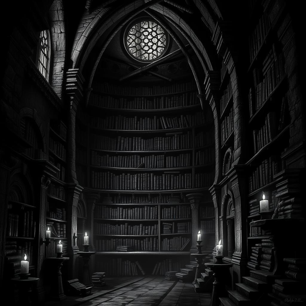 A dark, atmospheric dungeon library, featuring towering shelves filled with ancient, dusty tomes