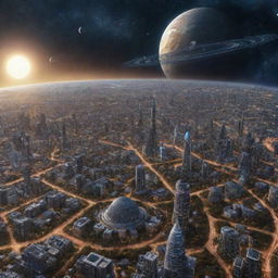 Visualize a society in the distant future of the year 100,000, showcasing a civilization of unrivaled technological prowess across myriad galaxies, boundless cosmic traverses, and humanity coexisting with incomparably advanced AI