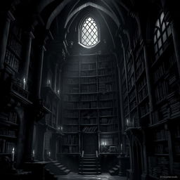 A dark, atmospheric dungeon library, featuring towering shelves filled with ancient, dusty tomes