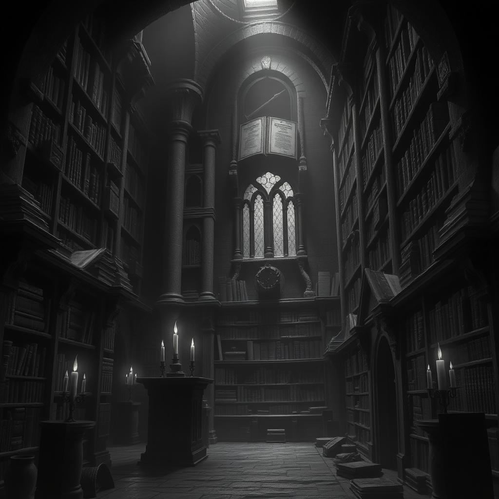 A dark, atmospheric dungeon library, featuring towering shelves filled with ancient, dusty tomes