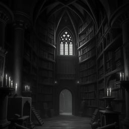 A dark, atmospheric dungeon library, featuring towering shelves filled with ancient, dusty tomes