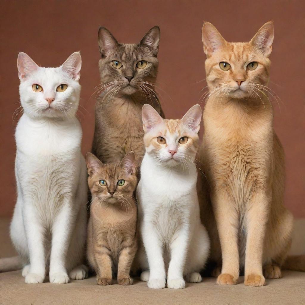 Seven cats together, four are Egyptian cats: the first with brown skin, the second with sparse fur, the third small with a beard, and the fourth with beefy arms, slender legs and a belly. The fifth is an Oriental cat, the sixth a small, chubby Persian, and the seventh an orange cat.