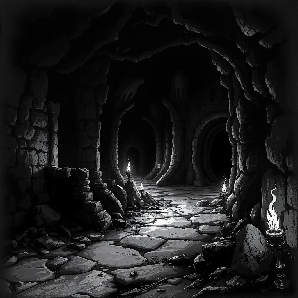 A dungeon shrouded in darkness, its stone walls covered in moss and grime