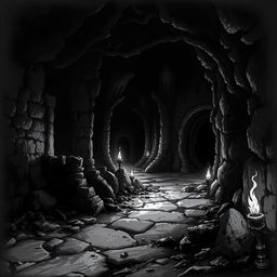 A dungeon shrouded in darkness, its stone walls covered in moss and grime