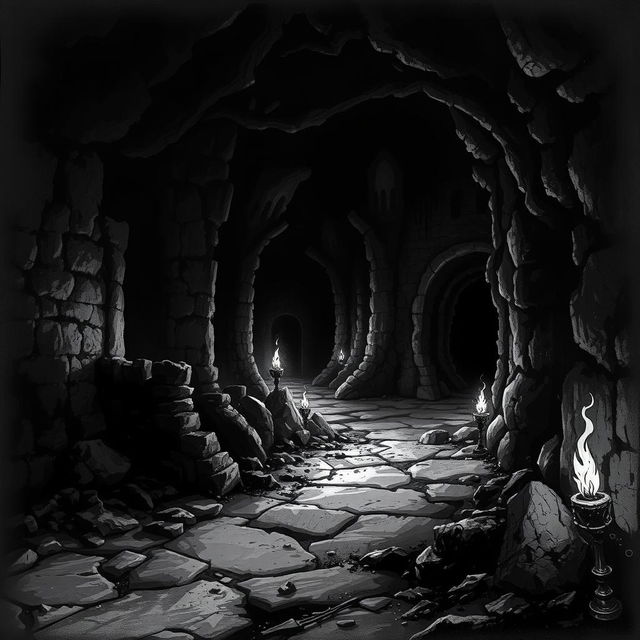 A dungeon shrouded in darkness, its stone walls covered in moss and grime