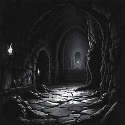 A dungeon shrouded in darkness, its stone walls covered in moss and grime