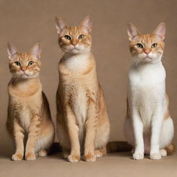 Seven cats together, four are Egyptian cats: the first with brown skin, the second with sparse fur, the third small with a beard, and the fourth with beefy arms, slender legs and a belly. The fifth is an Oriental cat, the sixth a small, chubby Persian, and the seventh an orange cat.