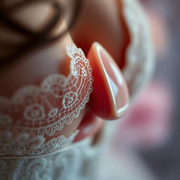 A close-up, artistic shot focusing on a pair of elegant, softly lit nipples adorned with delicate lace and subtle shimmer