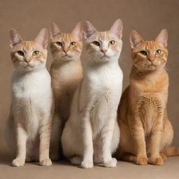 Seven cats together, four are Egyptian cats: the first with brown skin, the second with sparse fur, the third small with a beard, and the fourth with beefy arms, slender legs and a belly. The fifth is an Oriental cat, the sixth a small, chubby Persian, and the seventh an orange cat.