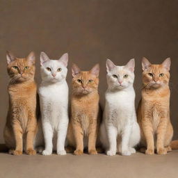 Seven cats together, four are Egyptian cats: the first with brown skin, the second with sparse fur, the third small with a beard, and the fourth with beefy arms, slender legs and a belly. The fifth is an Oriental cat, the sixth a small, chubby Persian, and the seventh an orange cat.