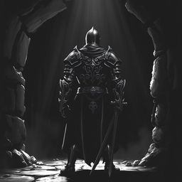 A knight standing in a dark, shadowy dungeon, viewed from behind