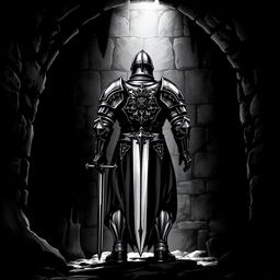 A knight standing in a dark, shadowy dungeon, viewed from behind