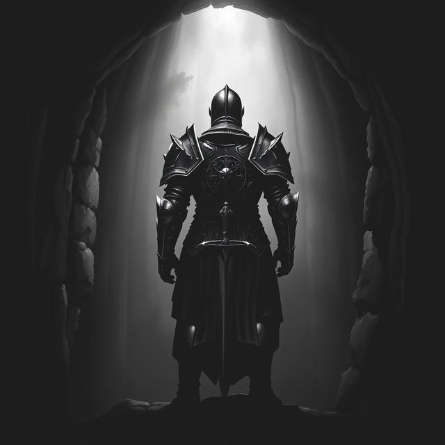 A knight standing in a dark, shadowy dungeon, viewed from behind