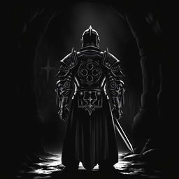 A knight standing in a dark, shadowy dungeon, viewed from behind