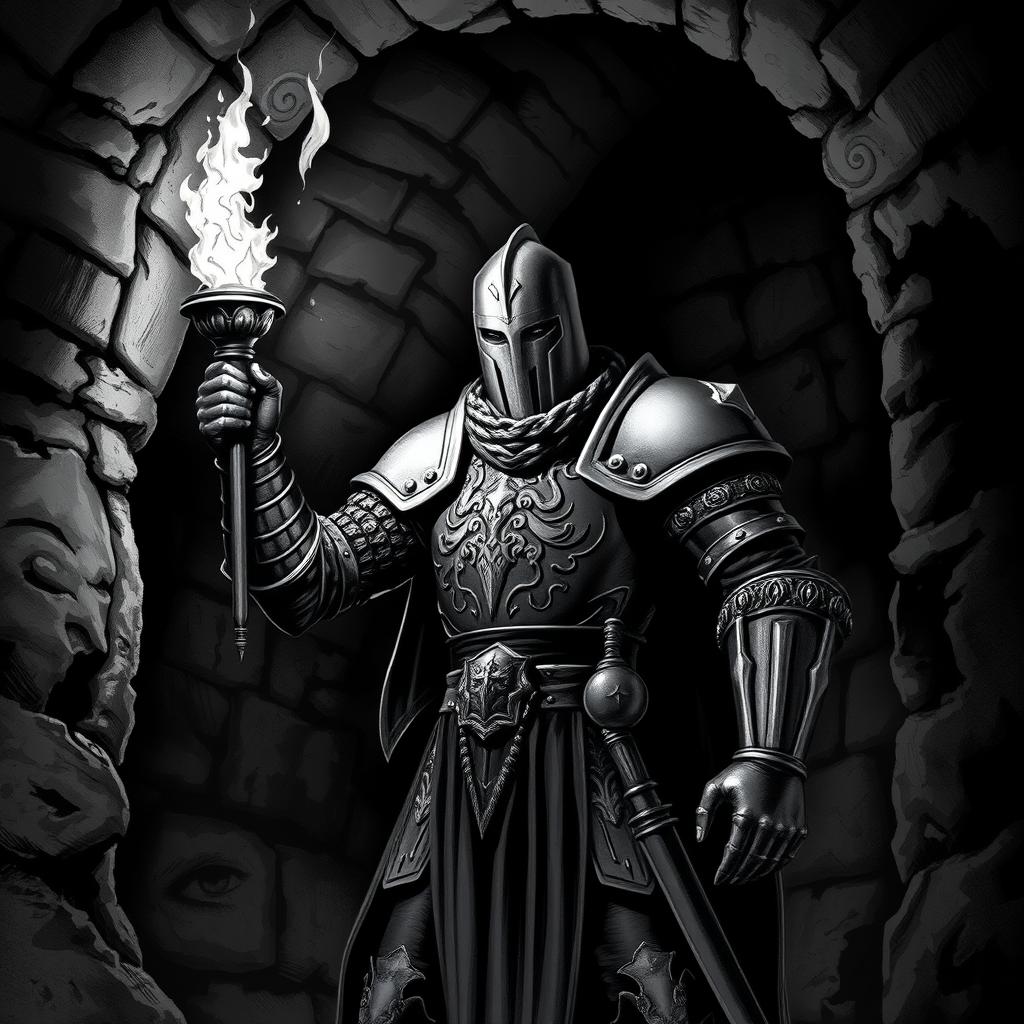 A brave knight standing in a dark dungeon, wielding a torch that casts flickering light into the shadows